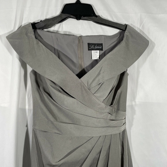 NEW La Femme [SZ 4 ] Surplice Off the Shoulder Column Gown‎ in Pewter - Picture 8 of 12